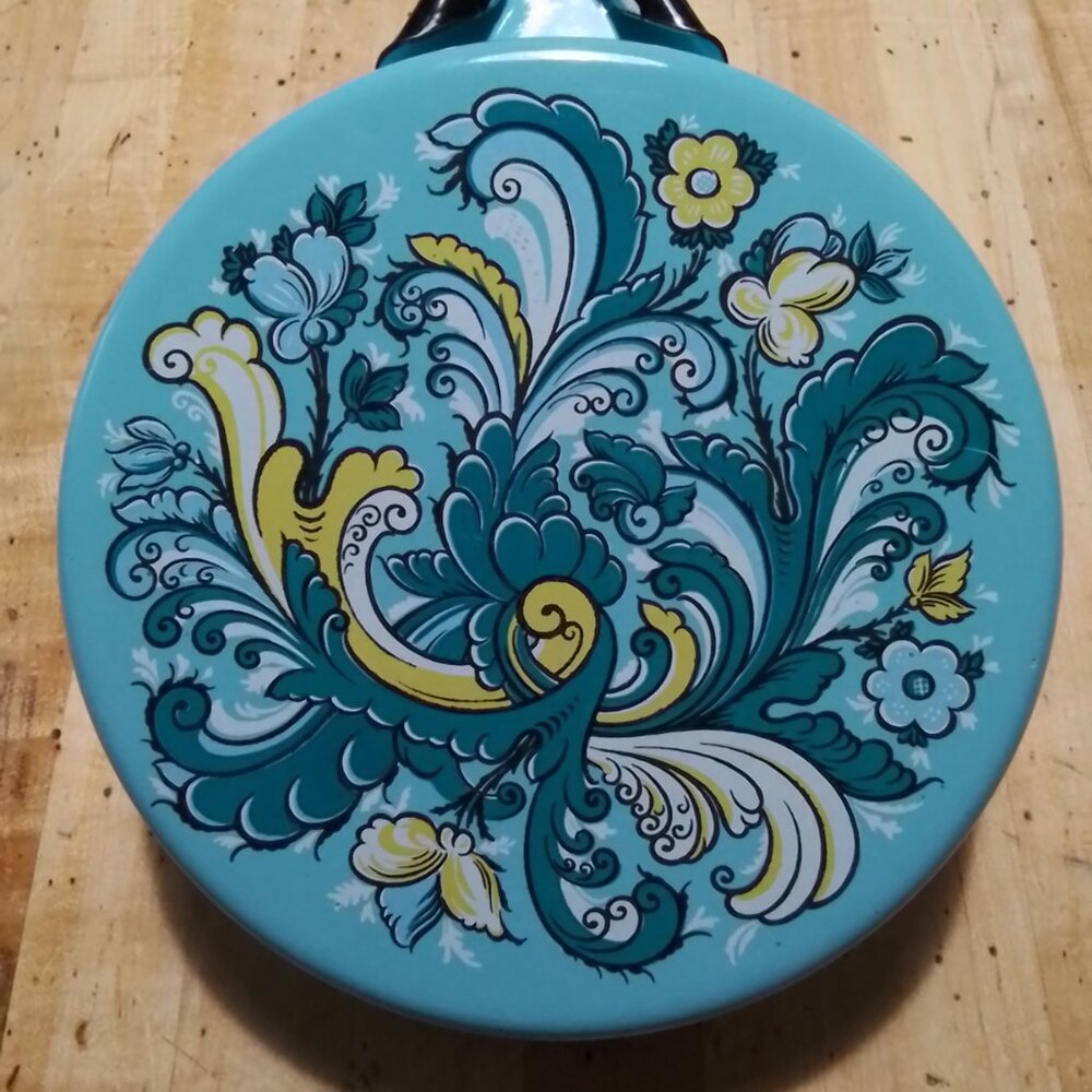 Vintage Enamel Pan Teal Paisley Retro Cookware 9 inch Skillet NOS - Picture 2 of 5